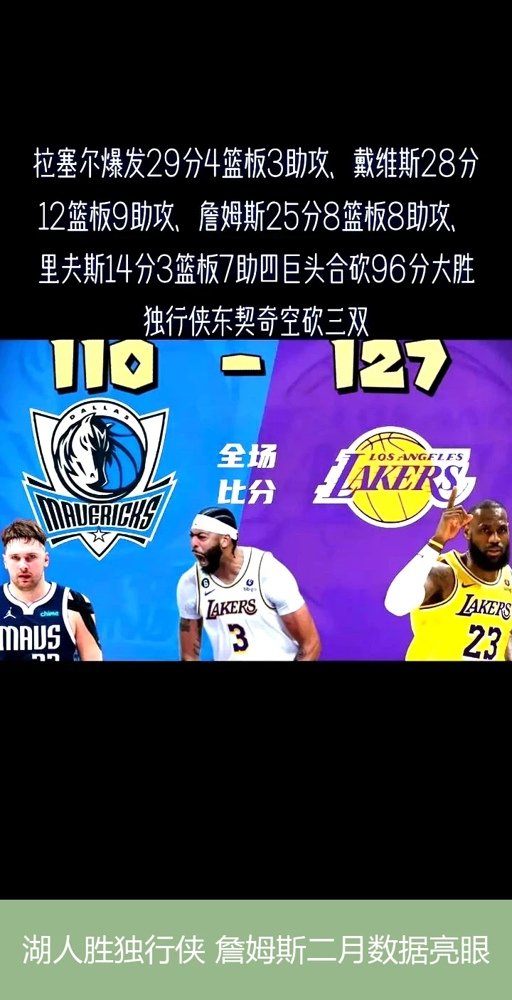 湖人胜独行侠 詹姆斯二月数据亮眼